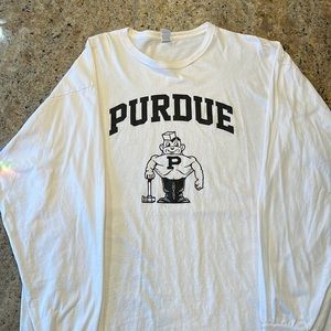 Bright white PURDUE vintage mascot long sleeve tee.